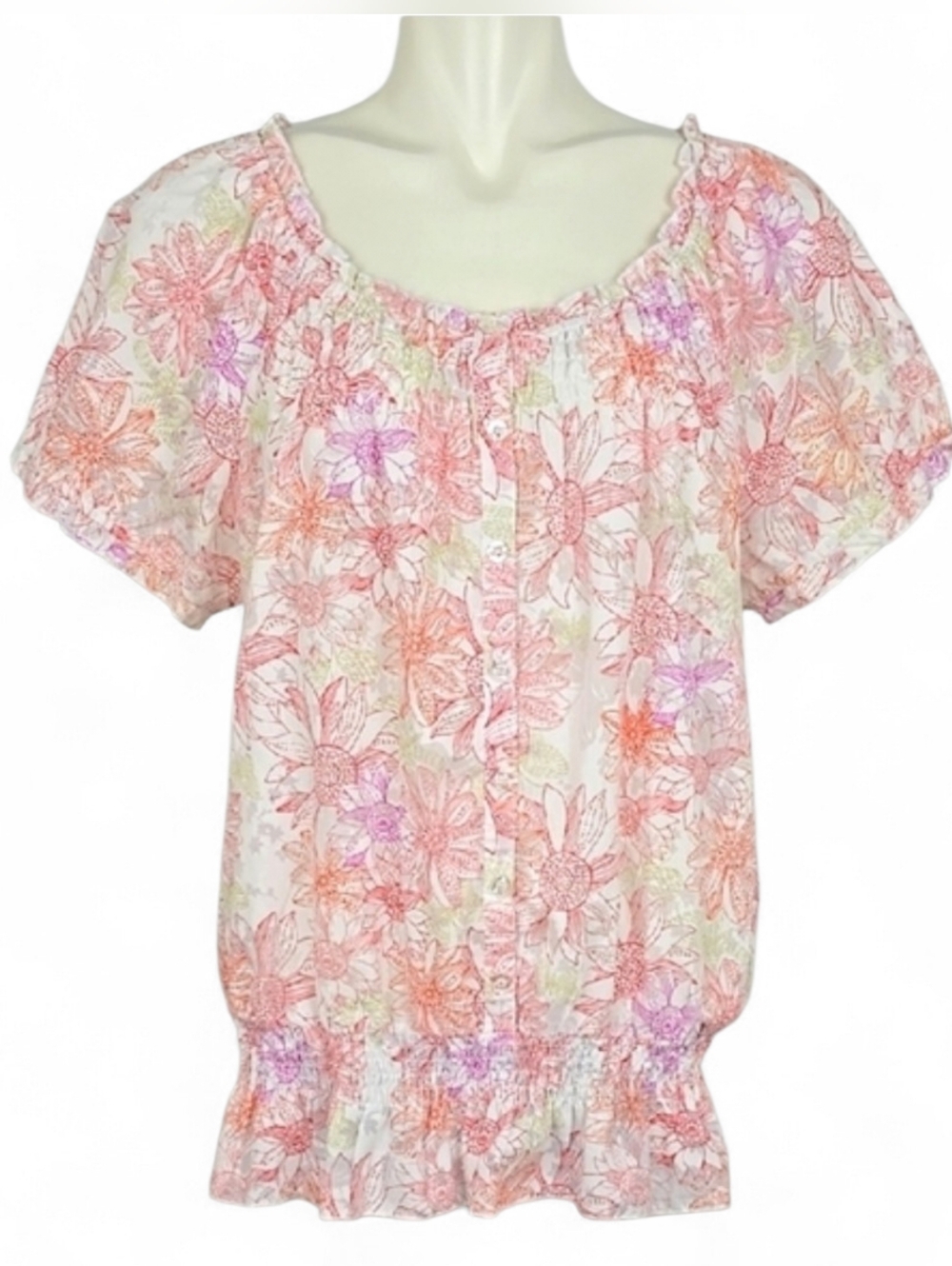 Denver Hayes Womens Pink White Floral Smocked Puff Sleeve Blouse Cotton Blend XL